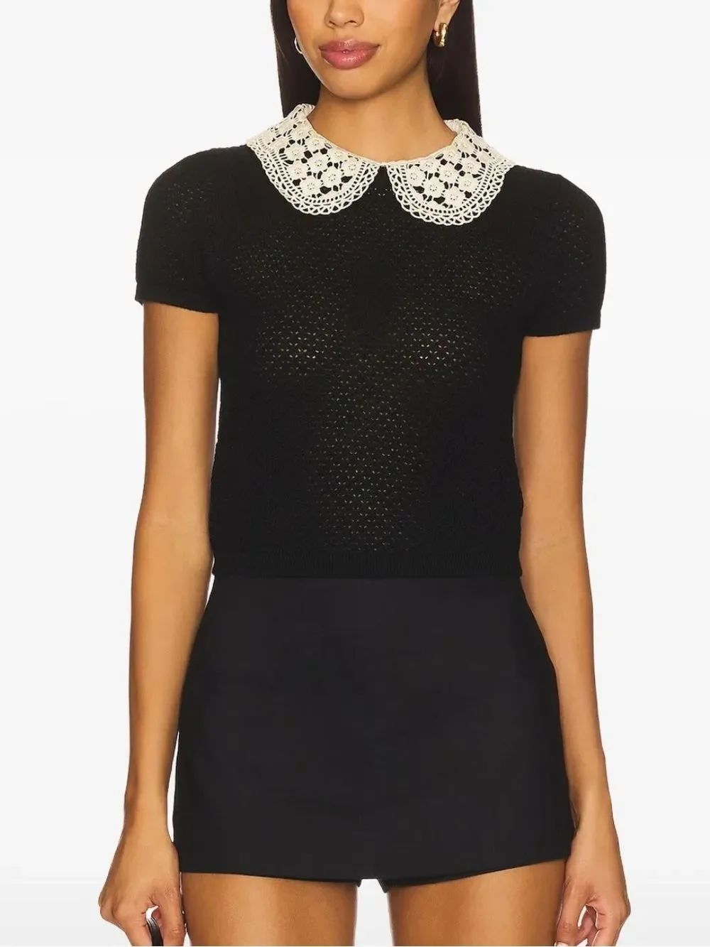 Alice + Olivia Ciara Lace Collar Short Sleeve Wool Blend Crochet Knit Top